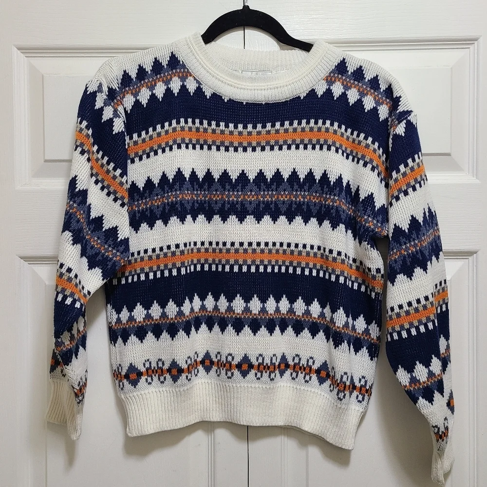 80's Vintage‎ Mens Store Sears Sweaters  White Blue Pullover Crewneck Knit SMALL